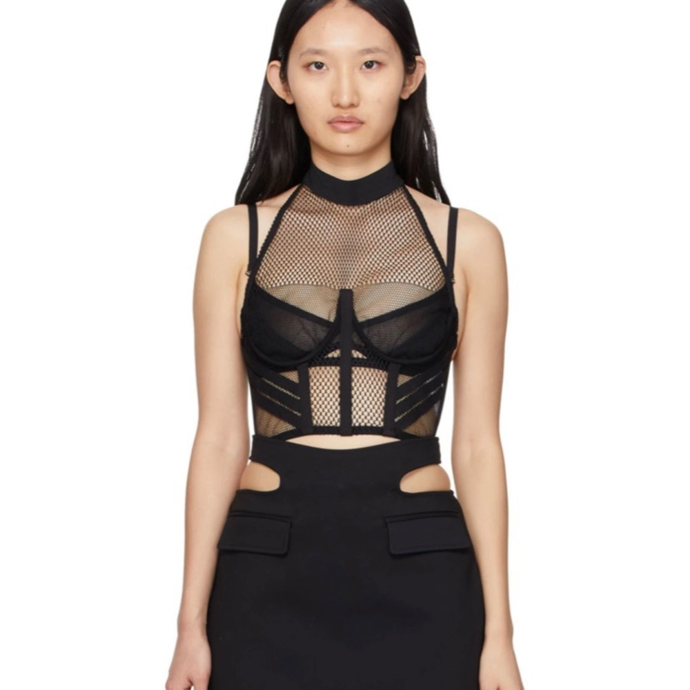 DION LEE Black Net Laced Layered Top